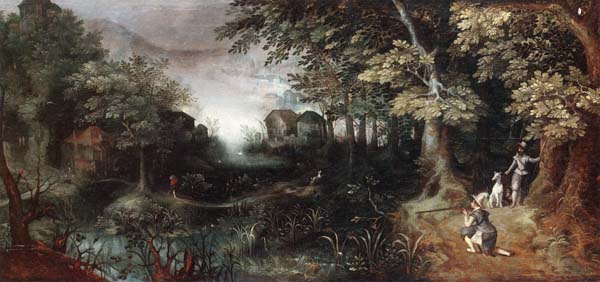 A wooded landscape with huntsmen in the foreground,a town beyond